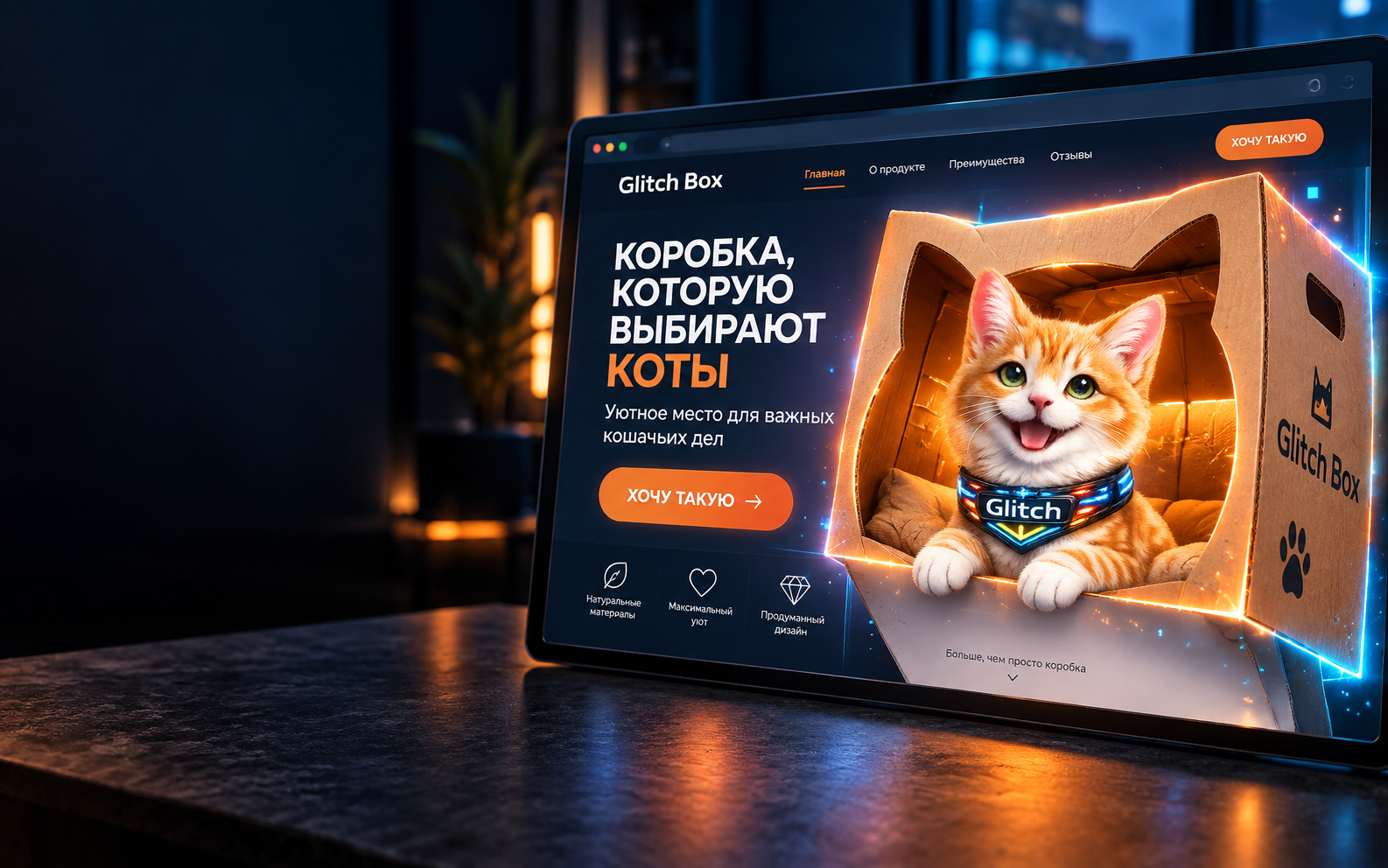 Лендинг Glitch Box с ярким первым экраном и одним главным действием